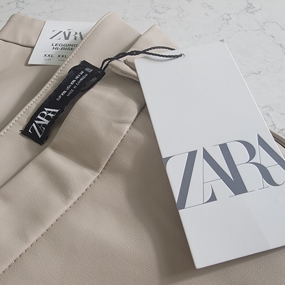 Zara faux leather leggings high rise cuff zipper cream size XXL - Picture 5 of 8